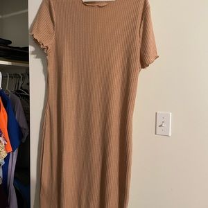 Tan or light brown ribbed dress short sleeve dress.